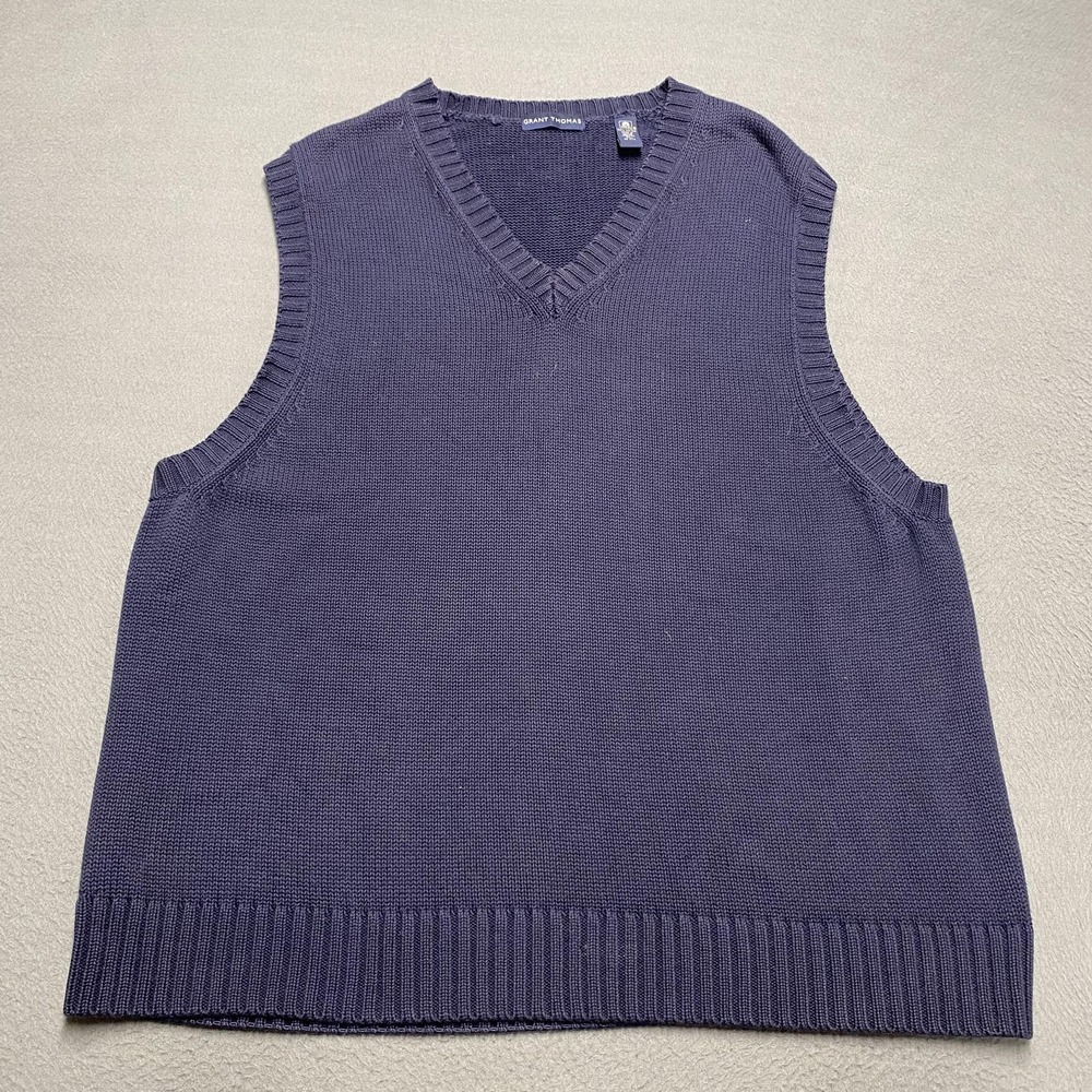 Grant Thomas Sweater Vest Mens XL Navy Blue 100% Cotton Knit V‎ Neck Classic